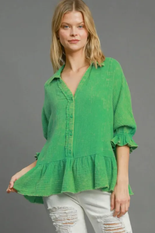 Umgee Full Size Mineral Washed Cotton Gauze Top Plus Size made by Trendsi