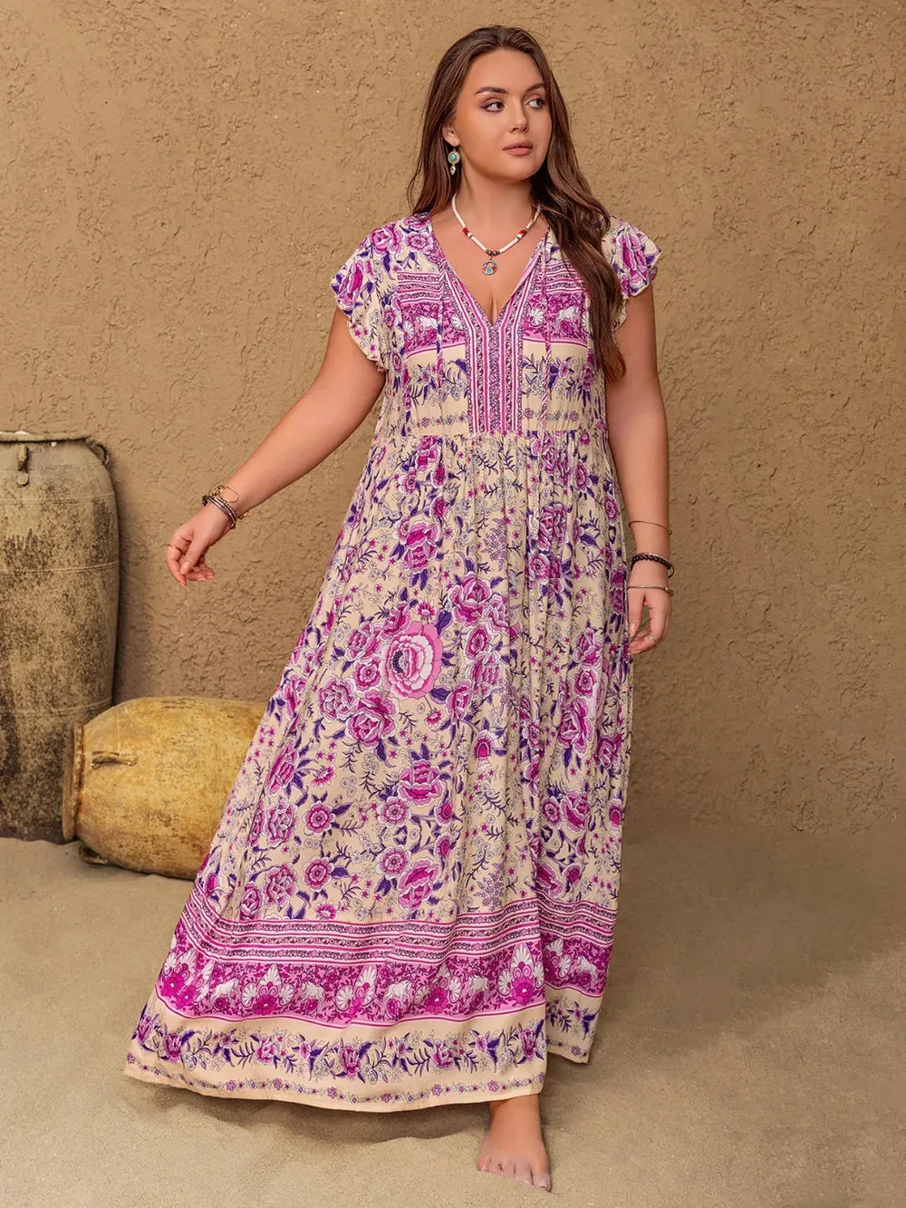 Plus Size Printed V-Neck Cap Sleeve Maxi Dress sold by Gigi Laurent product image thumbnail 3