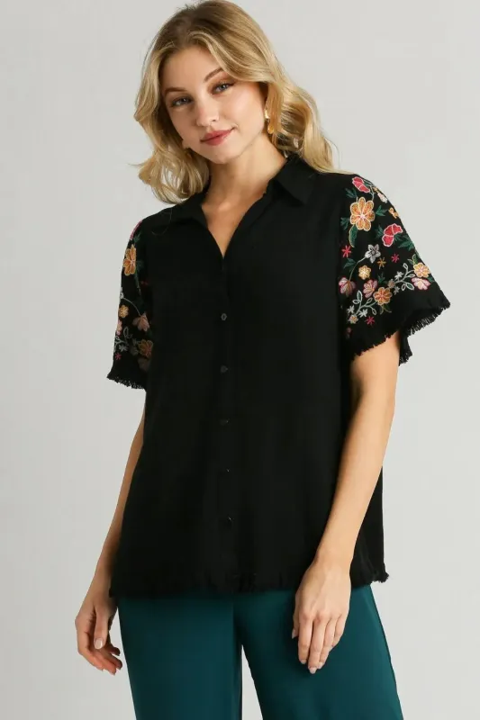 Umgee Full Size Linen Shirt with Embroidered Sleeves Plus Size sold by Gigi Laurent