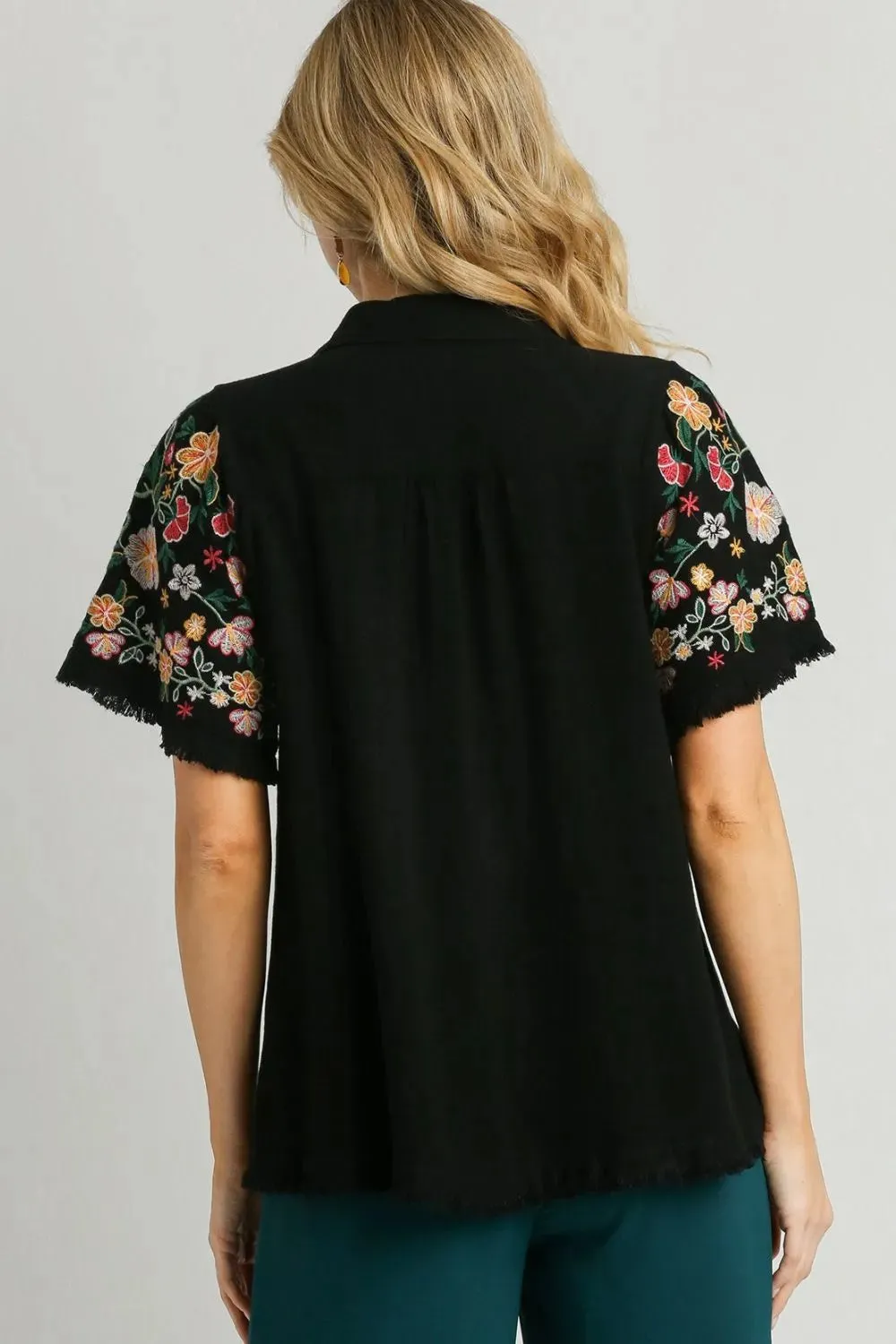 Umgee Full Size Linen Shirt with Embroidered Sleeves Plus Size sold by Gigi Laurent product image thumbnail 3