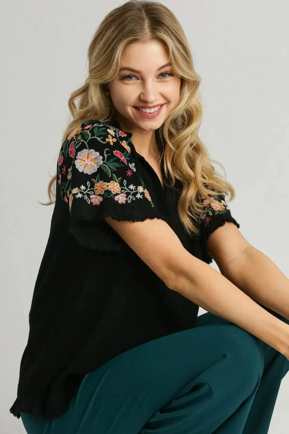 Umgee Full Size Linen Shirt with Embroidered Sleeves Plus Size sold by Gigi Laurent product image thumbnail 4