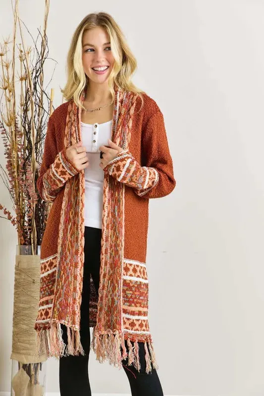 ADORA Full Size Fringe Hem Aztec Border Cardigan Plus Size made by Trendsi