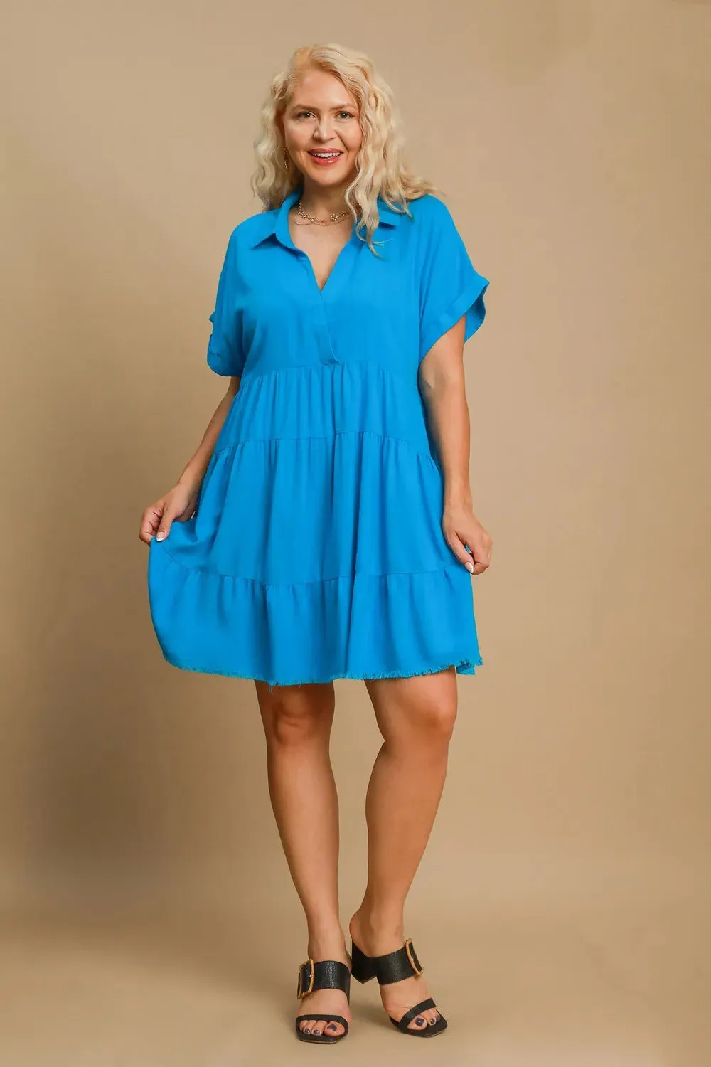 Umgee Full Size Raw Hem Folded Sleeve Tiered Dress Plus Size sold by Gigi Laurent product image thumbnail 3