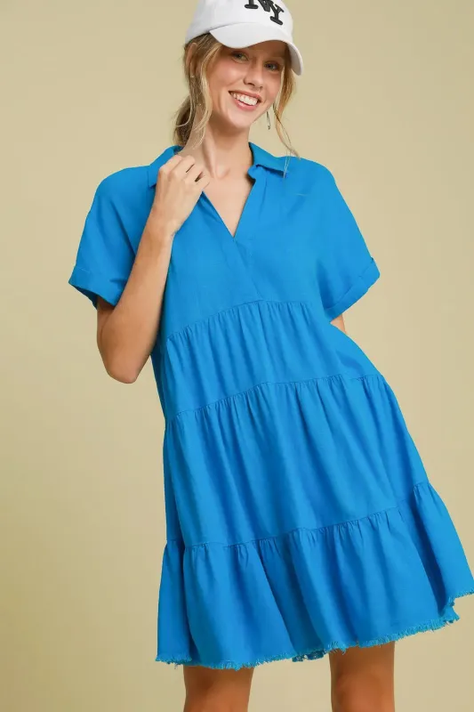 Umgee Full Size Raw Hem Folded Sleeve Tiered Dress Plus Size sold by Gigi Laurent