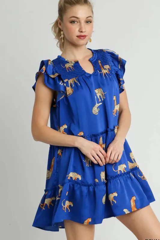 Umgee Full Size Cheetah Print Notched Ruffle Layered Cap Sleeve Mini Dress Plus Size sold by Gigi Laurent