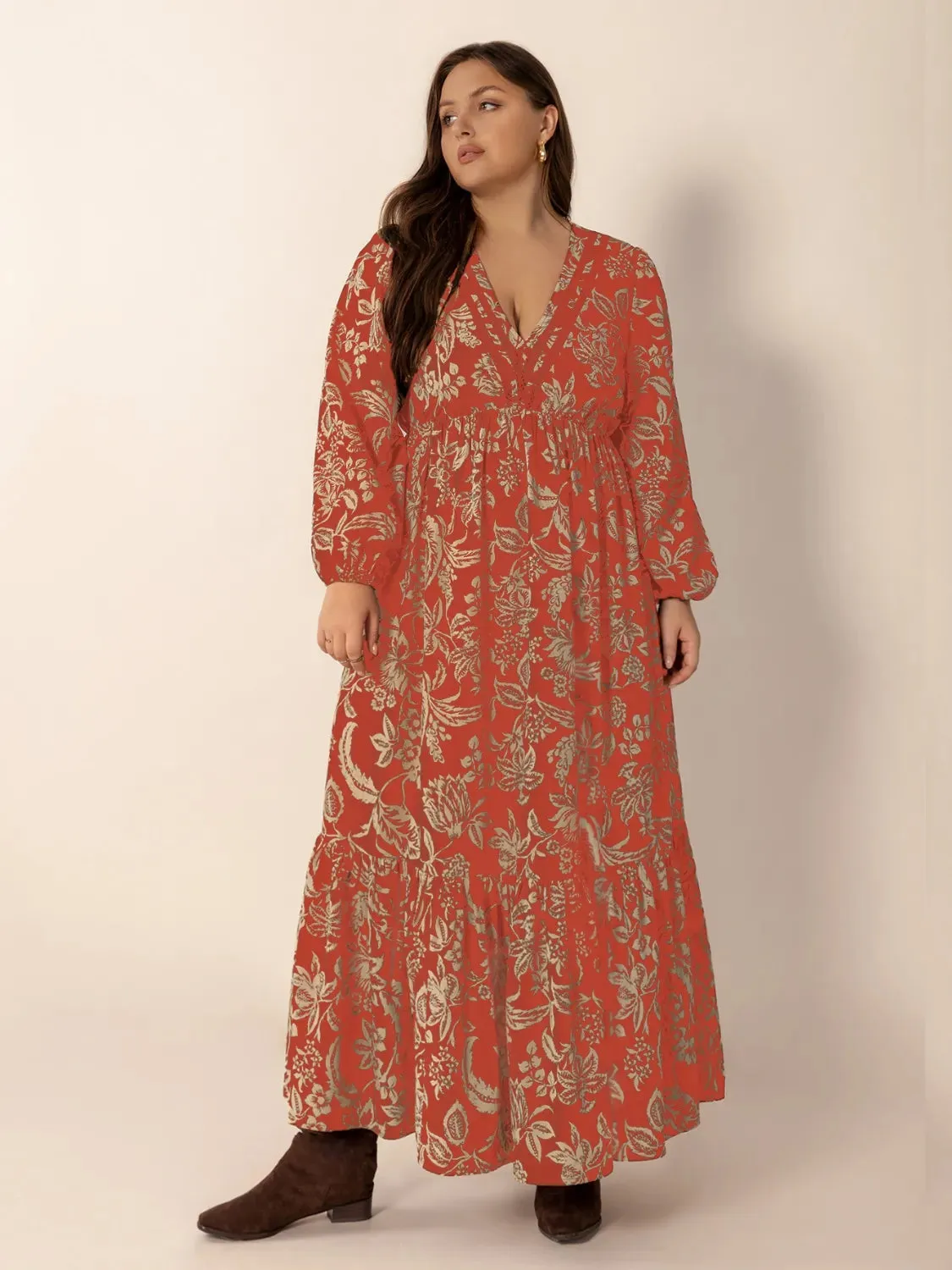 Plus Size Lace Detail Printed Balloon Sleeve Midi Dress sold by Gigi Laurent product image thumbnail 2
