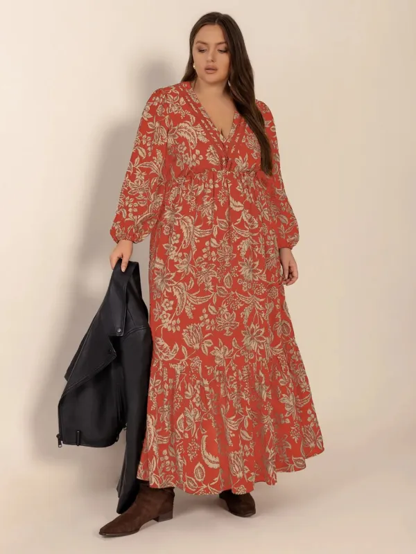 Plus Size Lace Detail Printed Balloon Sleeve Midi Dress sold by Gigi Laurent