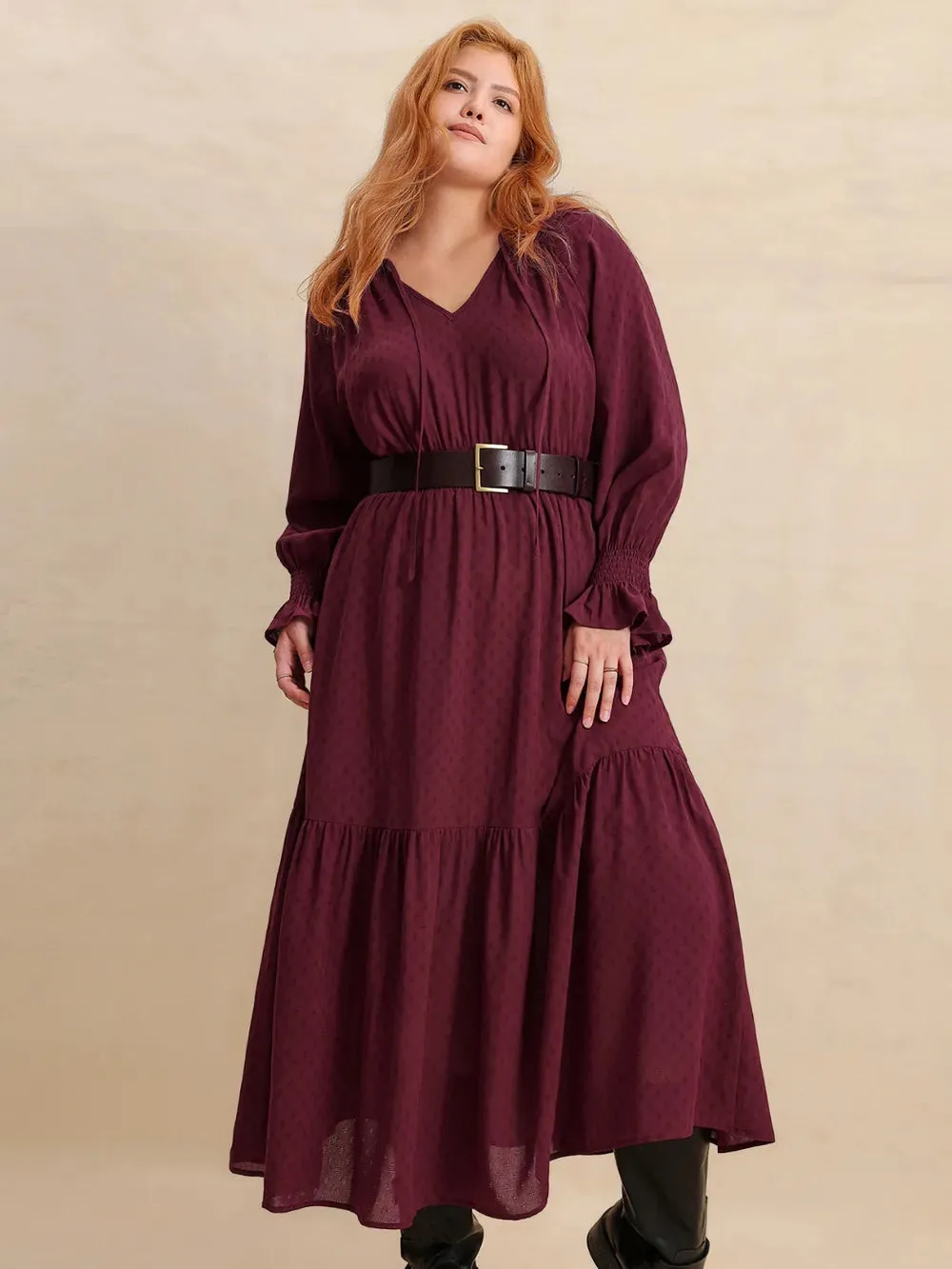 Plus Size Swiss Dot Tie Neck Flounce Sleeve Maxi Dress sold by Gigi Laurent product image thumbnail 3