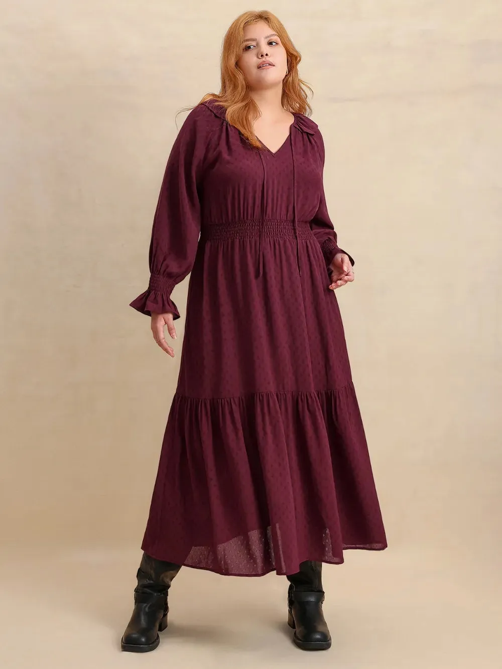 Plus Size Swiss Dot Tie Neck Flounce Sleeve Maxi Dress sold by Gigi Laurent product image thumbnail 4