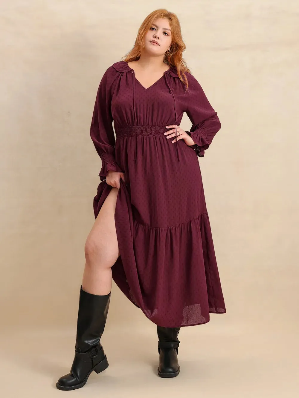 Plus Size Swiss Dot Tie Neck Flounce Sleeve Maxi Dress sold by Gigi Laurent product image thumbnail 2