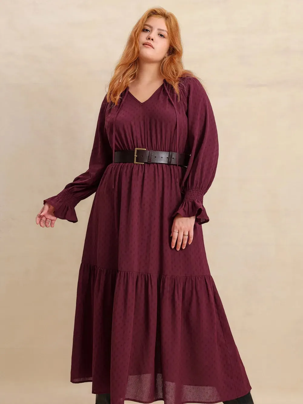 Plus Size Swiss Dot Tie Neck Flounce Sleeve Maxi Dress sold by Gigi Laurent product image thumbnail 5