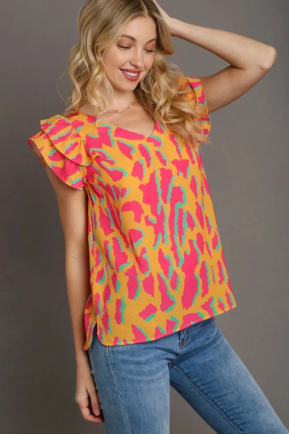 Umgee Full Size Abstract Print V-Neck Double Layer Ruffle Sleeve Blouse Plus Size sold by Gigi Laurent