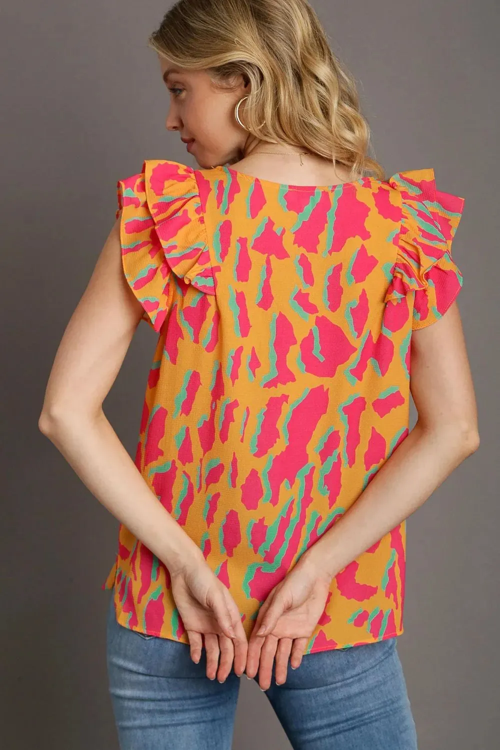 Umgee Full Size Abstract Print V-Neck Double Layer Ruffle Sleeve Blouse Plus Size sold by Gigi Laurent product image thumbnail 2