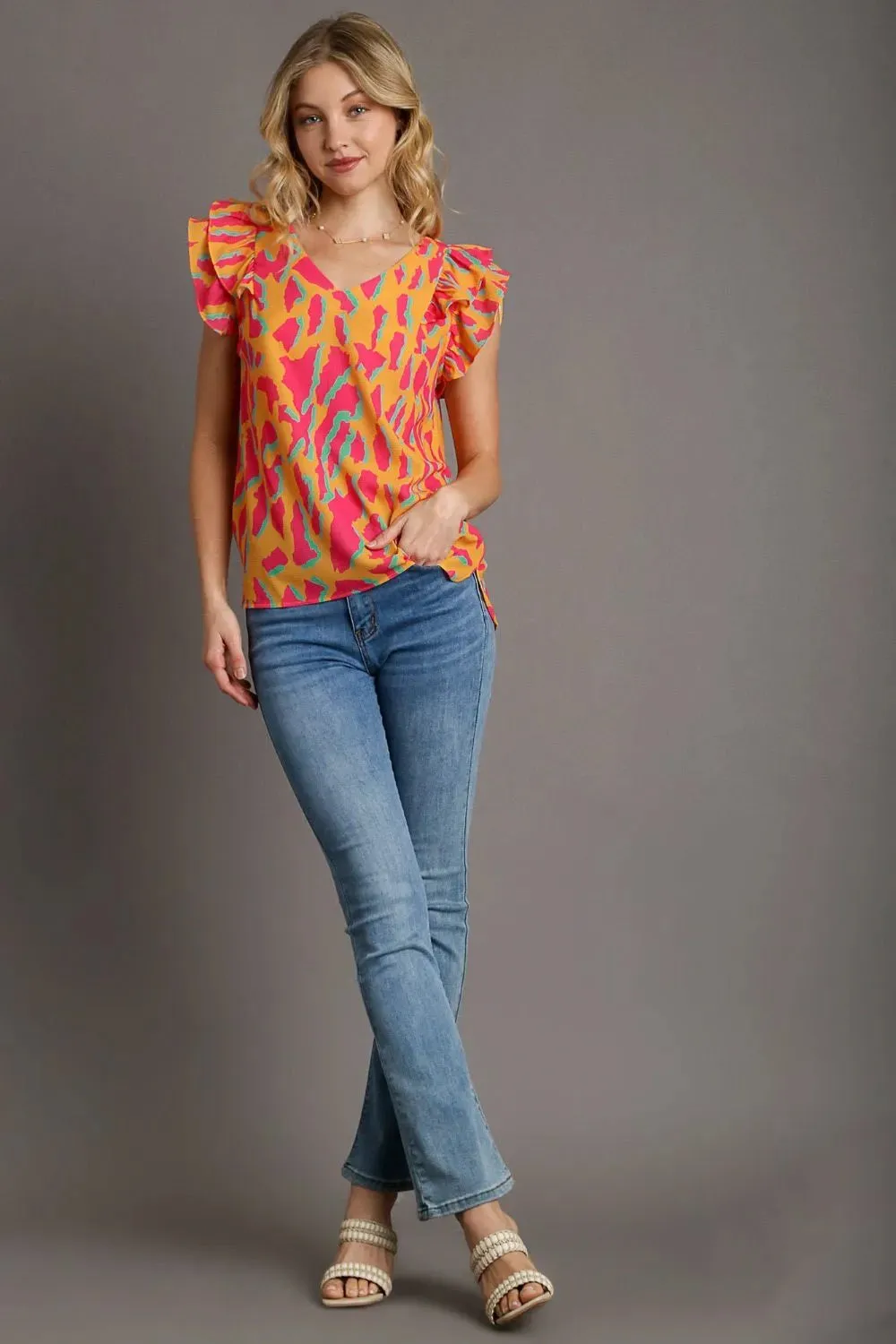 Umgee Full Size Abstract Print V-Neck Double Layer Ruffle Sleeve Blouse Plus Size sold by Gigi Laurent product image thumbnail 3