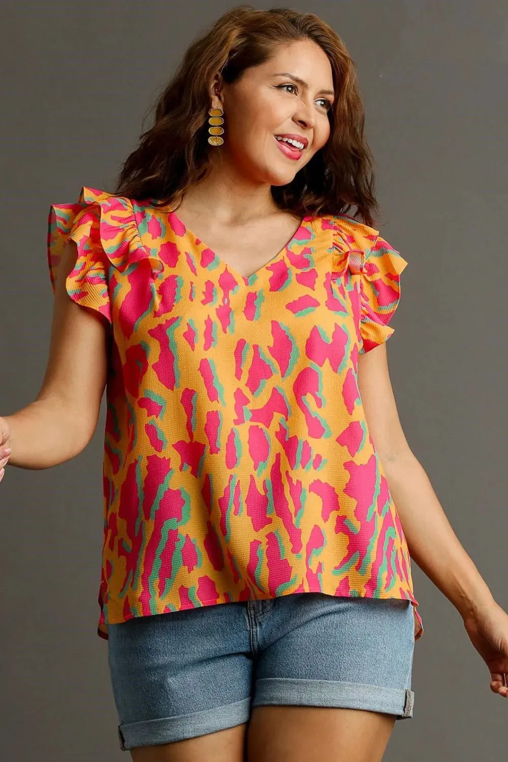 Umgee Full Size Abstract Print V-Neck Double Layer Ruffle Sleeve Blouse Plus Size sold by Gigi Laurent product image thumbnail 4