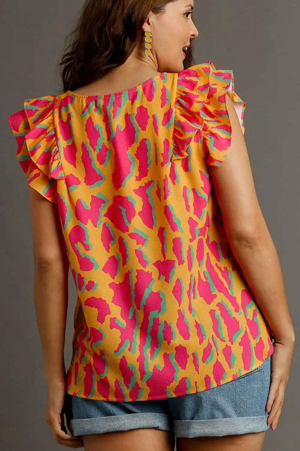 Umgee Full Size Abstract Print V-Neck Double Layer Ruffle Sleeve Blouse Plus Size sold by Gigi Laurent product image thumbnail 5