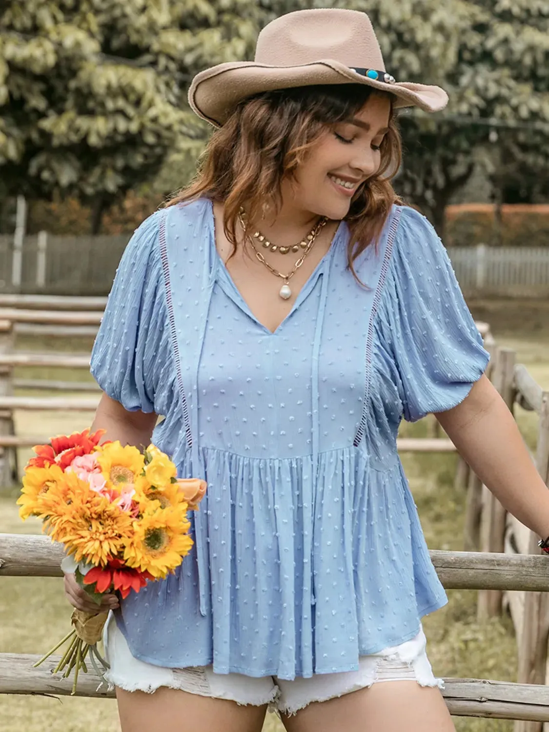 Plus Size Swiss Dot Tie Neck Short Sleeve Blouse sold by Gigi Laurent product image thumbnail 2