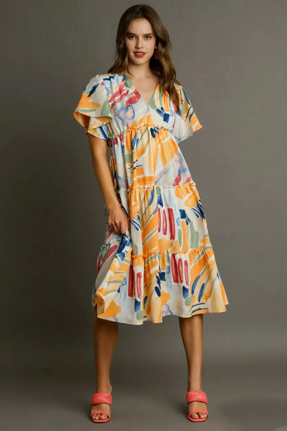 Umgee Full Size Abstract Print Flutter Sleeve Frill Tiered Midi Dress Plus Size sold by Gigi Laurent product image thumbnail 3
