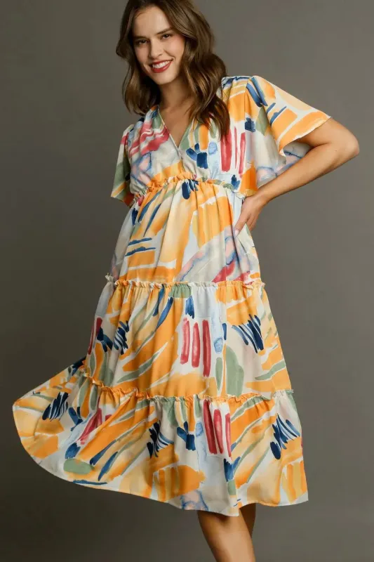 Umgee Full Size Abstract Print Flutter Sleeve Frill Tiered Midi Dress Plus Size sold by Gigi Laurent
