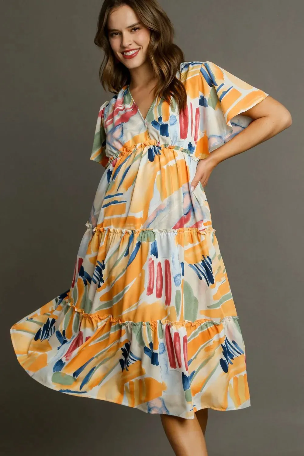 Umgee Full Size Abstract Print Flutter Sleeve Frill Tiered Midi Dress Plus Size sold by Gigi Laurent