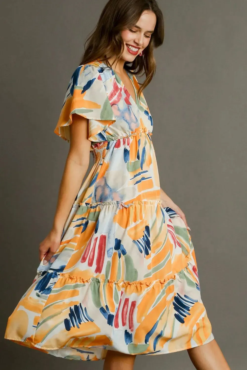 Umgee Full Size Abstract Print Flutter Sleeve Frill Tiered Midi Dress Plus Size sold by Gigi Laurent product image thumbnail 2