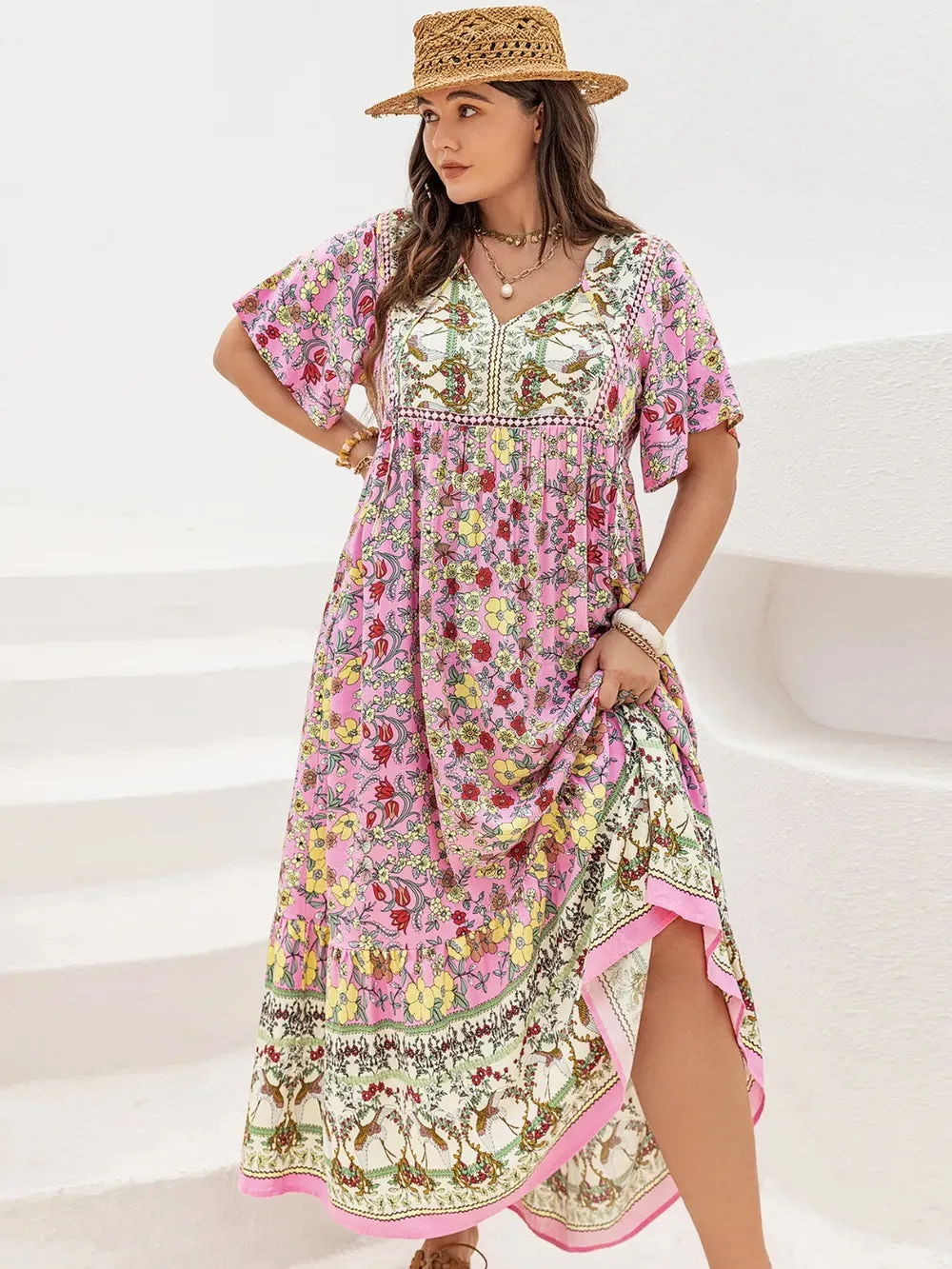 Plus Size Floral Tie Neck Flutter Sleeve Maxi Dress sold by Gigi Laurent