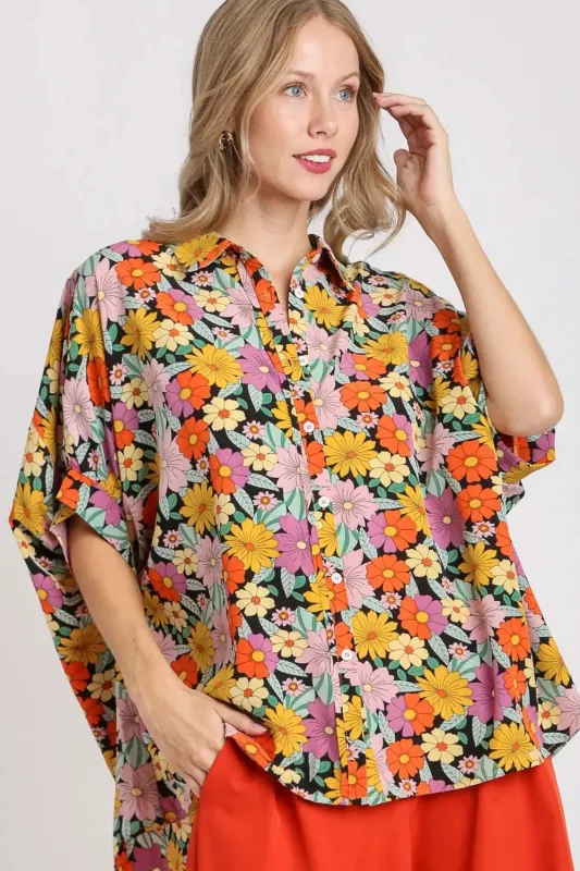 Umgee Full Size Flower Print Boxy Cut Button Down Shirt Plus Size sold by Gigi Laurent
