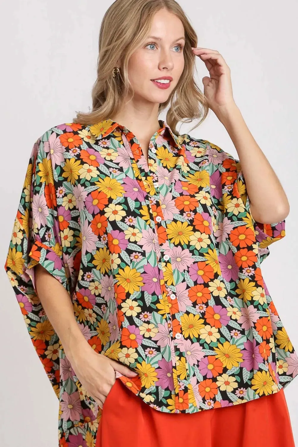 Umgee Full Size Flower Print Boxy Cut Button Down Shirt Plus Size sold by Gigi Laurent