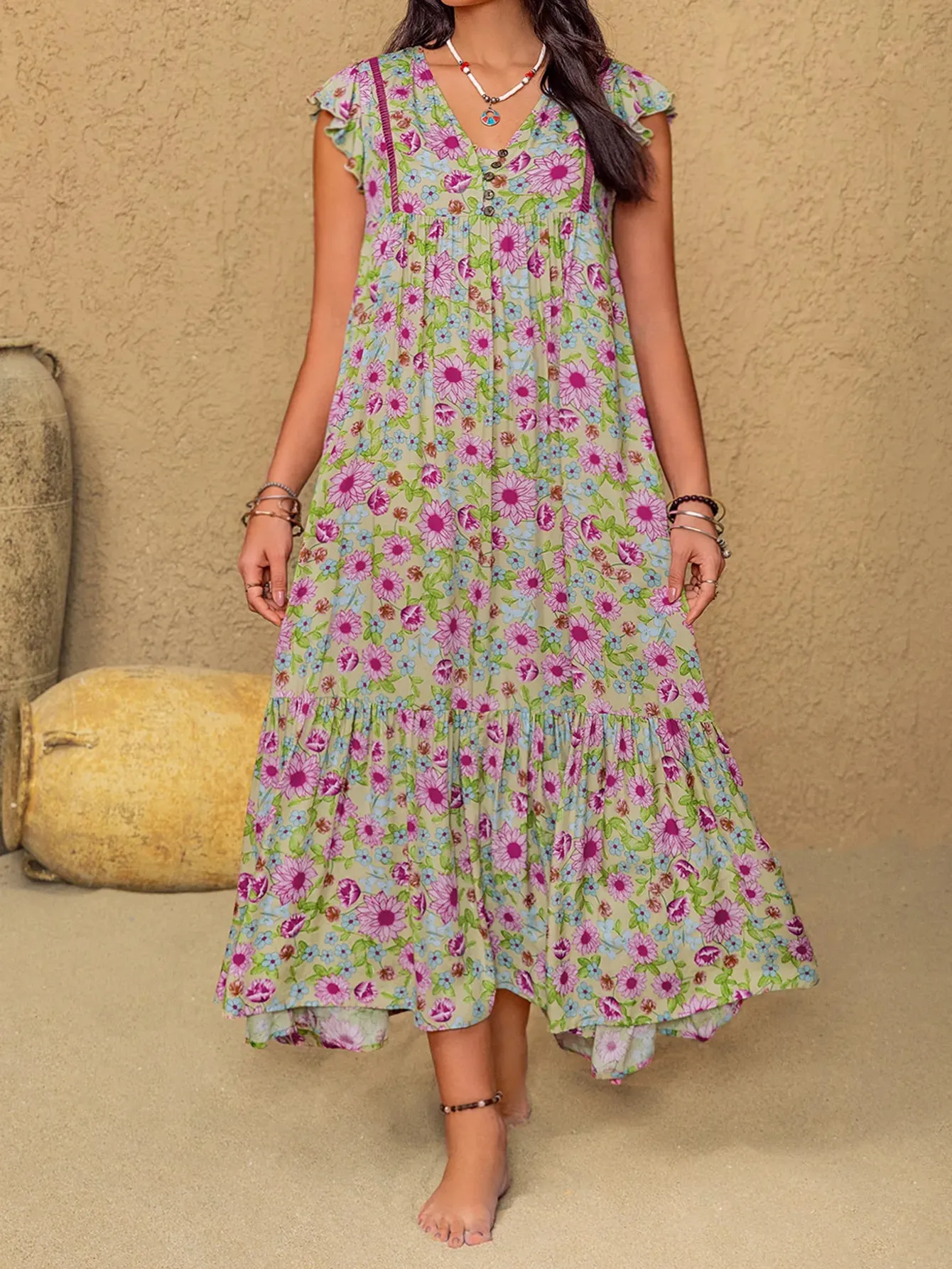 Plus Size Ruffled Printed V-Neck Midi Dress sold by Gigi Laurent product image thumbnail 2