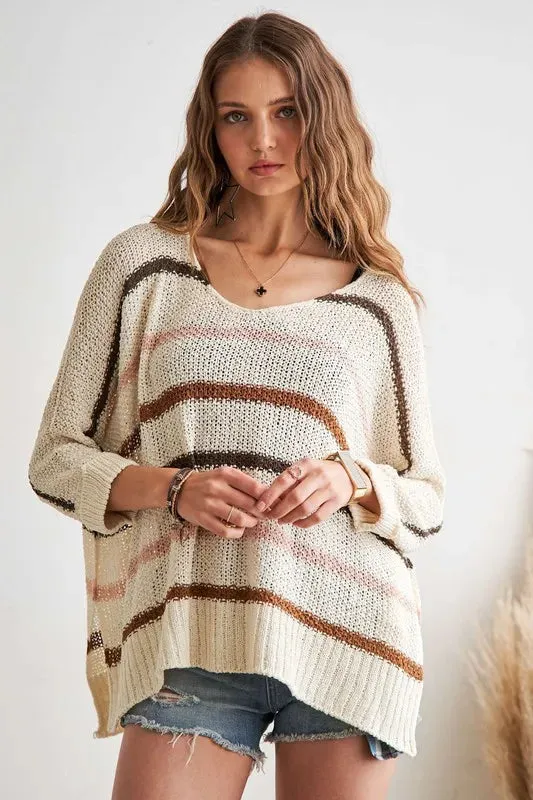 ADORA Full Size Multi Color Strip Sweater Plus Size sold by Gigi Laurent