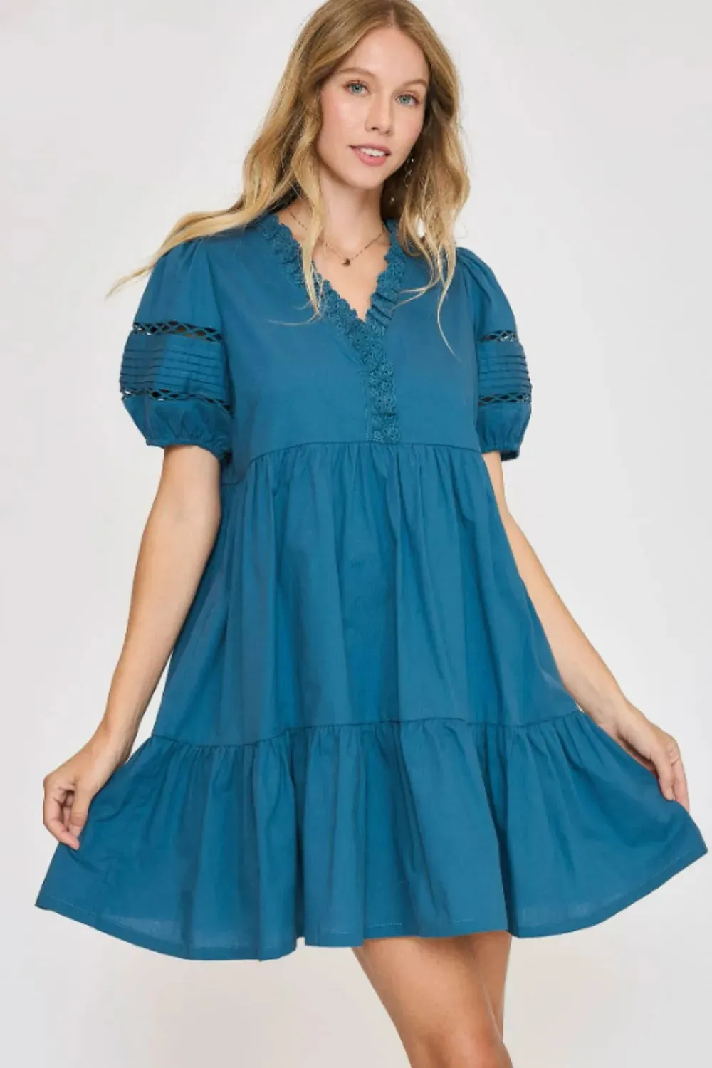 Umgee USA Full Size Lace Detail Puff Sleeve Mini Dress Plus Size sold by Gigi Laurent
