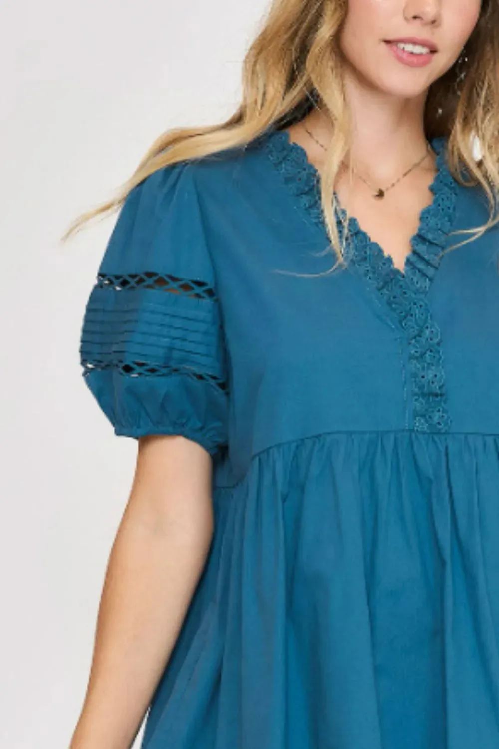Umgee USA Full Size Lace Detail Puff Sleeve Mini Dress Plus Size sold by Gigi Laurent product image thumbnail 2