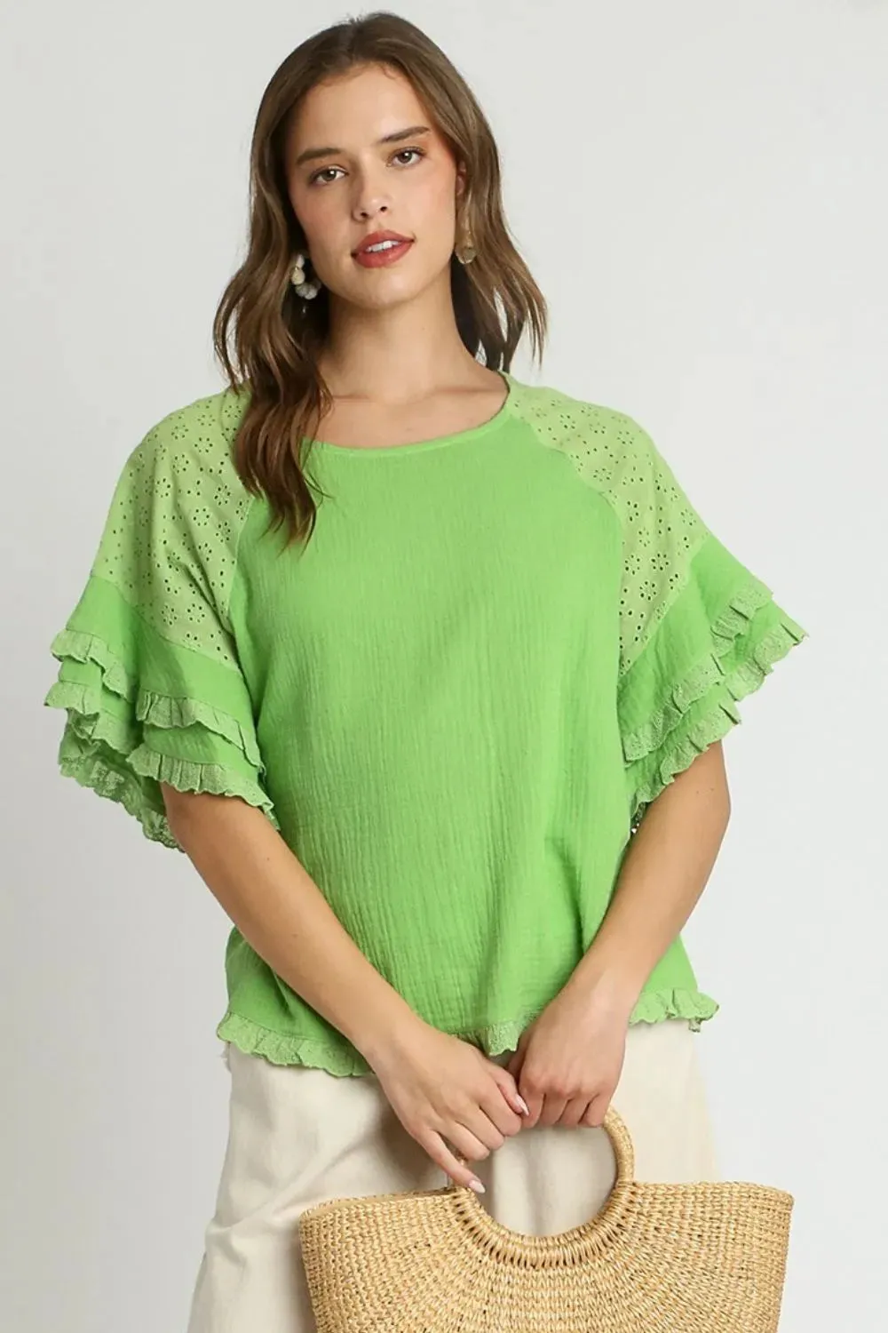 Umgee Full Size Cotton Gauze Round Neck Ruffle Eyelet Layered Sleeve Blouse Plus Size sold by Gigi Laurent product image thumbnail 2