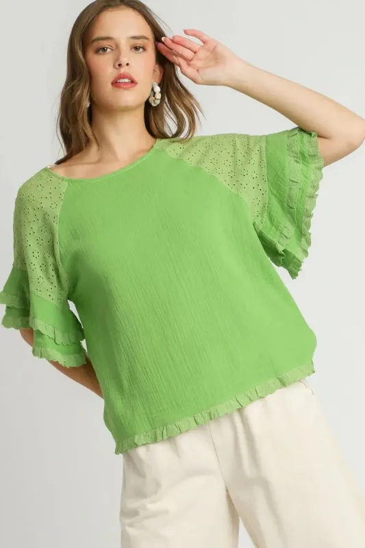 Umgee Full Size Cotton Gauze Round Neck Ruffle Eyelet Layered Sleeve Blouse Plus Size sold by Gigi Laurent