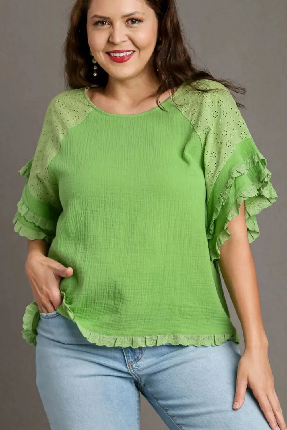 Umgee Full Size Cotton Gauze Round Neck Ruffle Eyelet Layered Sleeve Blouse Plus Size sold by Gigi Laurent product image thumbnail 4