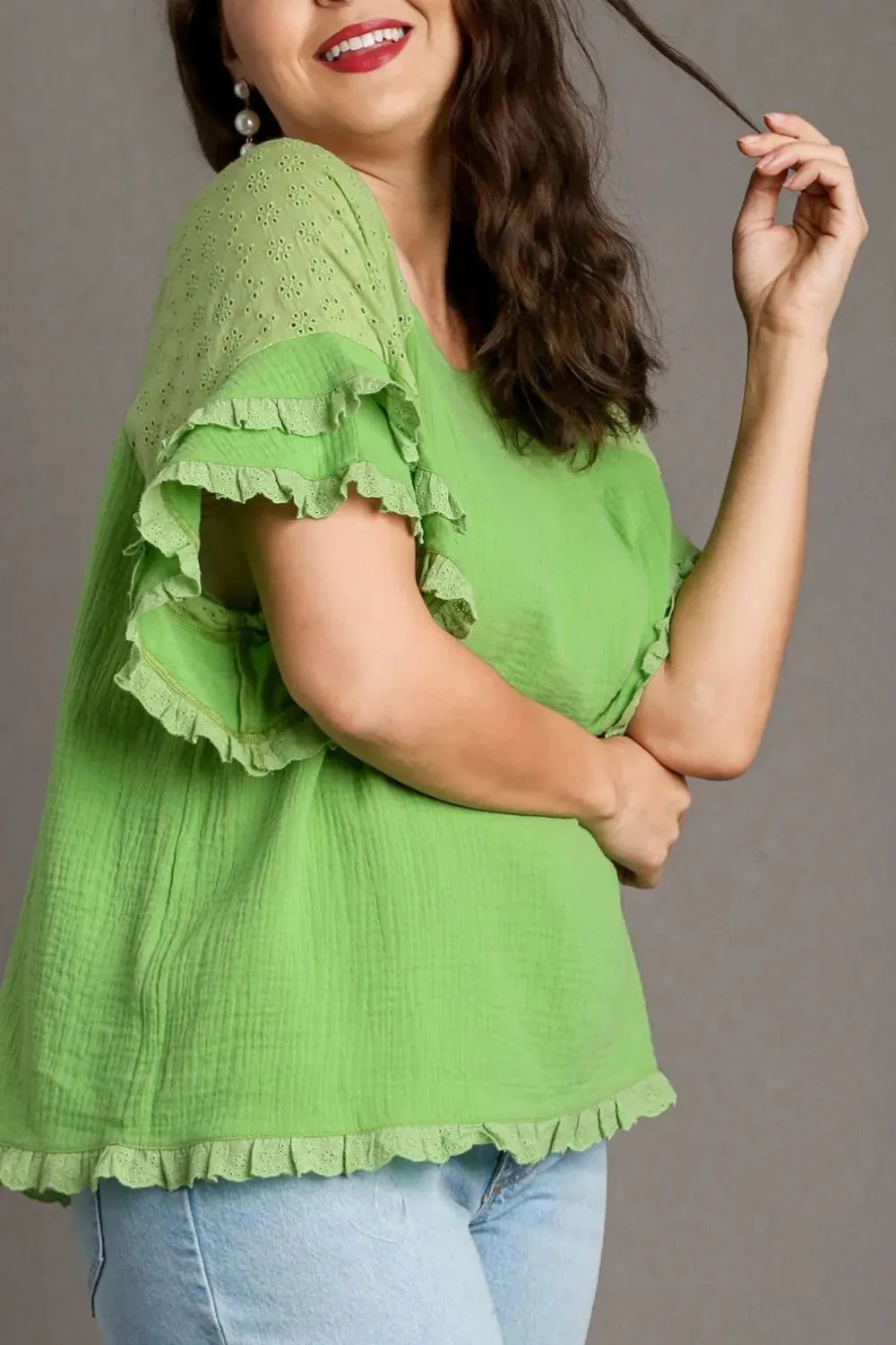 Umgee Full Size Cotton Gauze Round Neck Ruffle Eyelet Layered Sleeve Blouse Plus Size sold by Gigi Laurent product image thumbnail 5