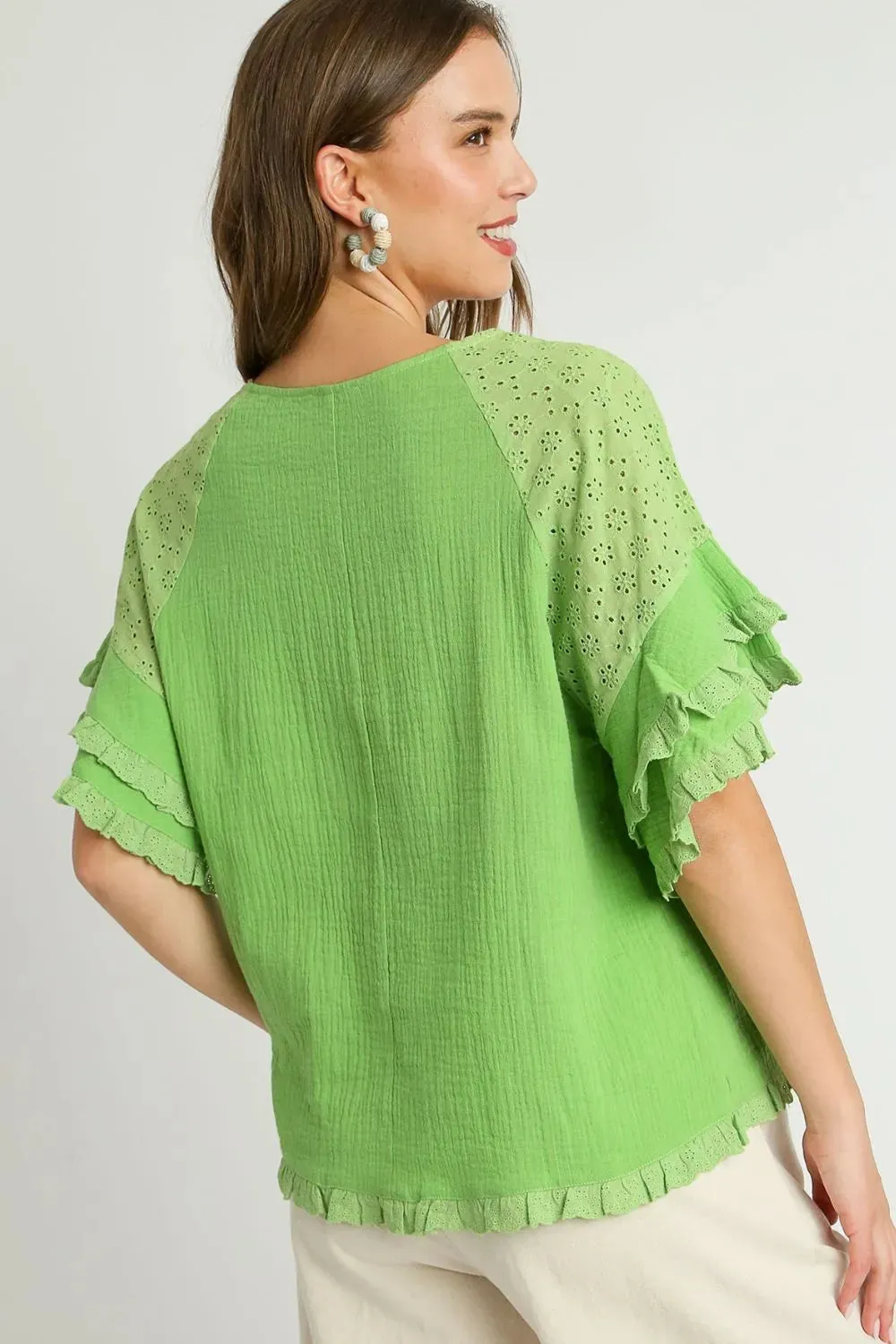 Umgee Full Size Cotton Gauze Round Neck Ruffle Eyelet Layered Sleeve Blouse Plus Size sold by Gigi Laurent product image thumbnail 3