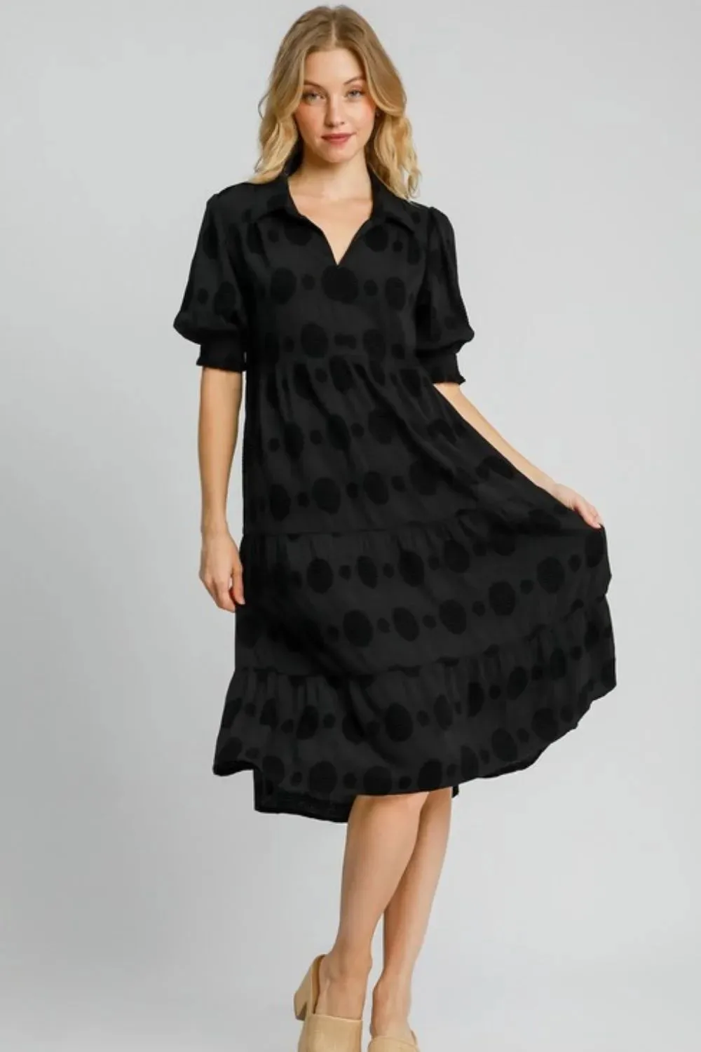Umgee Full Size Swiss Dot Jacquard Tiered Midi Dress Plus Size sold by Gigi Laurent