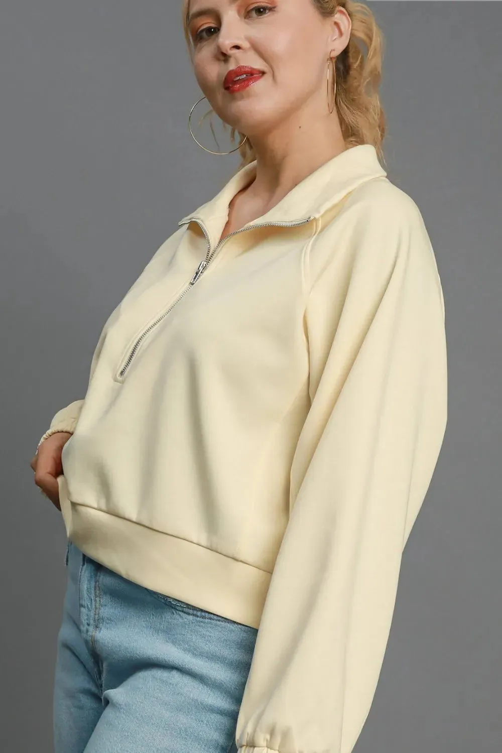 Umgee Full Size Half Zip Cropped Sweatshirt Plus Size sold by Gigi Laurent product image thumbnail 3