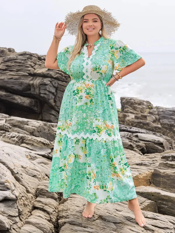 Plus Size Printed Notched Short Sleeve Maxi Dress sold by Gigi Laurent