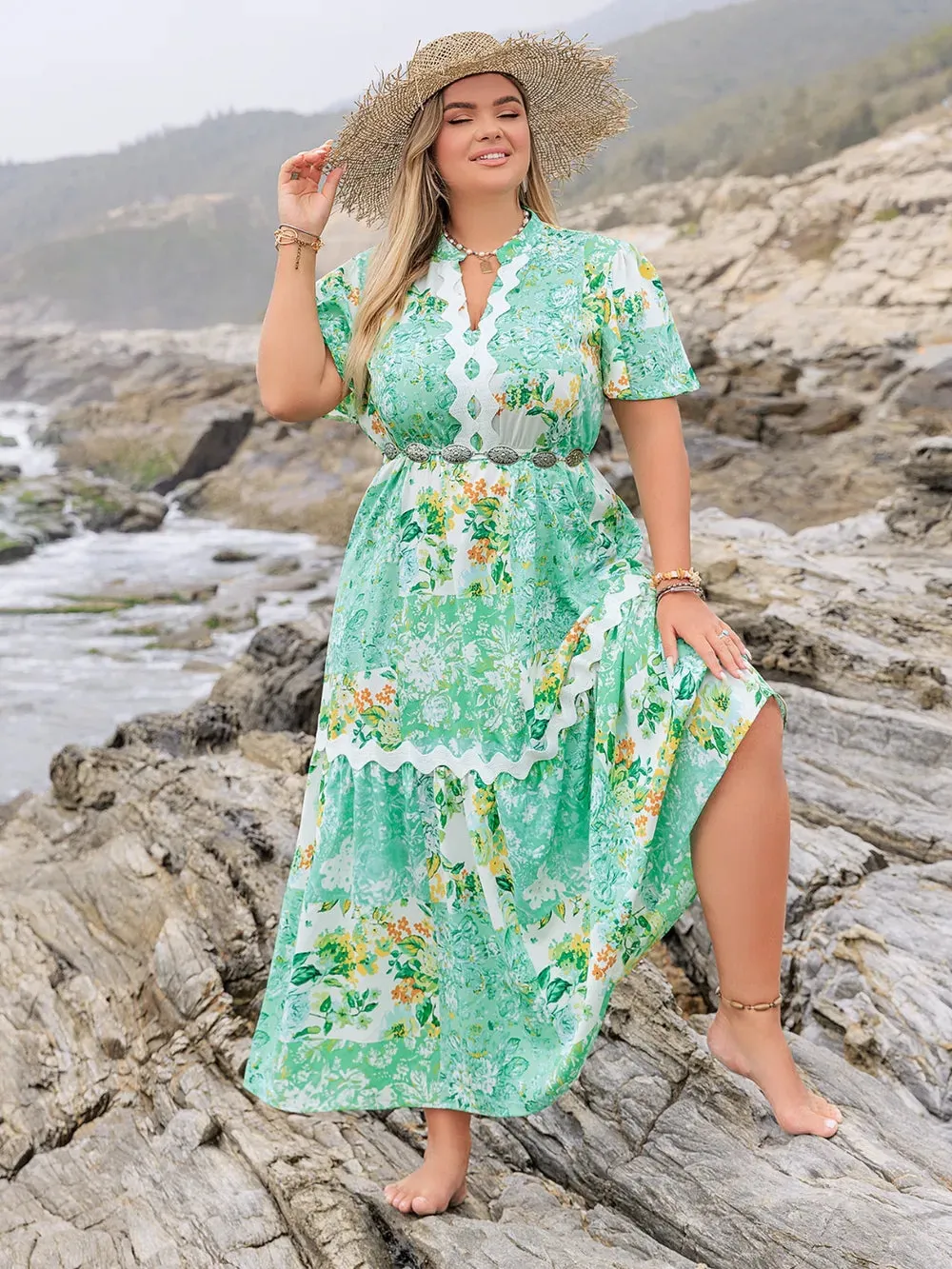 Plus Size Printed Notched Short Sleeve Maxi Dress sold by Gigi Laurent product image thumbnail 3