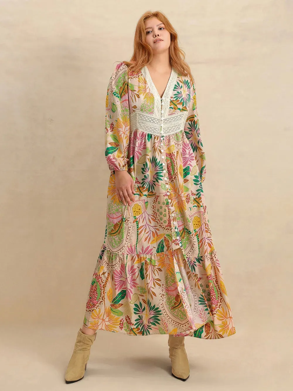 Plus Size Lace Detail Printed V-Neck Balloon Sleeve Dress sold by Gigi Laurent