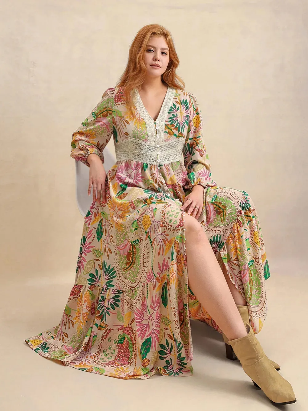 Plus Size Lace Detail Printed V-Neck Balloon Sleeve Dress sold by Gigi Laurent product image thumbnail 3