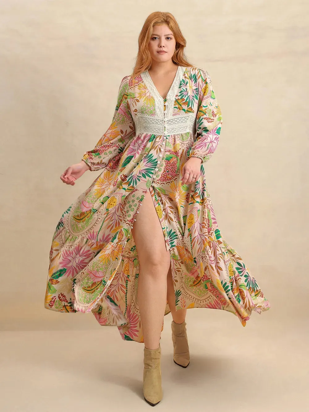 Plus Size Lace Detail Printed V-Neck Balloon Sleeve Dress sold by Gigi Laurent product image thumbnail 2