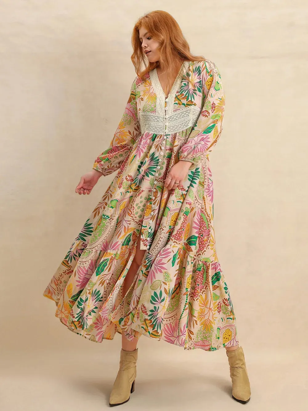 Plus Size Lace Detail Printed V-Neck Balloon Sleeve Dress sold by Gigi Laurent product image thumbnail 5