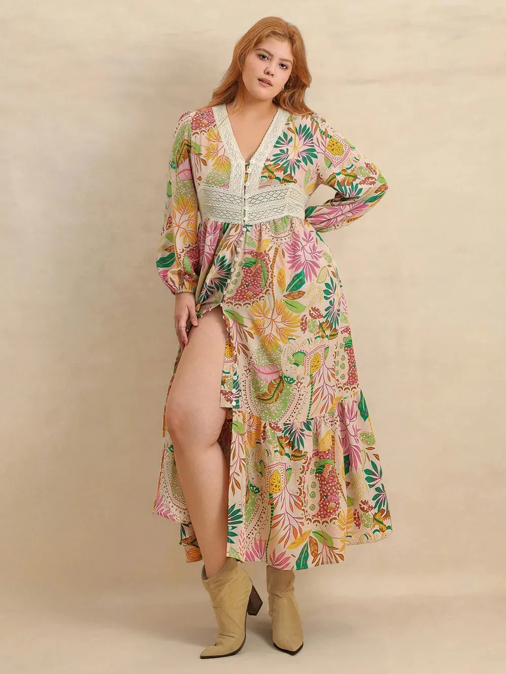 Plus Size Lace Detail Printed V-Neck Balloon Sleeve Dress sold by Gigi Laurent product image thumbnail 4