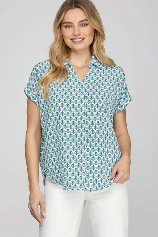 She + Sky Full Size Printed Johnny Collar Short Sleeve Blouse Plus Size sold by Gigi Laurent