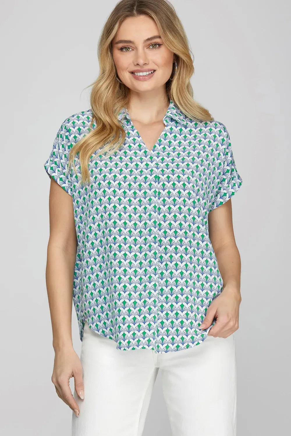 She + Sky Full Size Printed Johnny Collar Short Sleeve Blouse Plus Size sold by Gigi Laurent