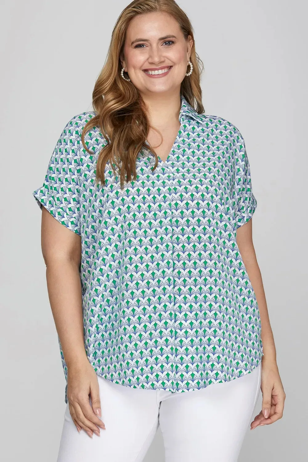 She + Sky Full Size Printed Johnny Collar Short Sleeve Blouse Plus Size sold by Gigi Laurent product image thumbnail 4