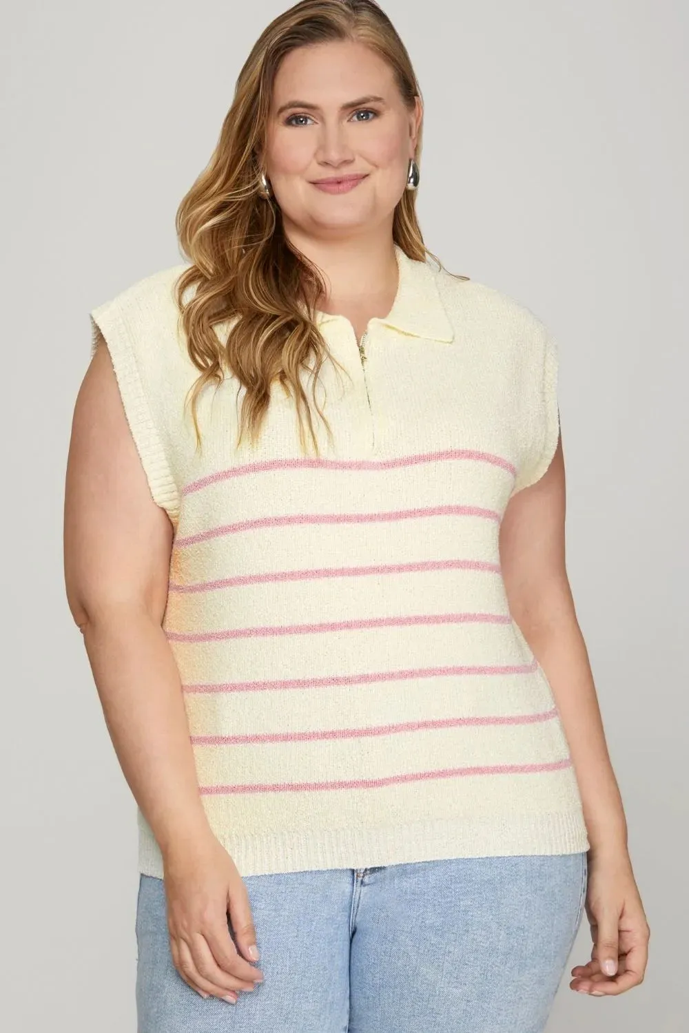She + Sky Full Size Ribbed Hem Striped Half Zip Sweater Vest Plus Size sold by Gigi Laurent product image thumbnail 2